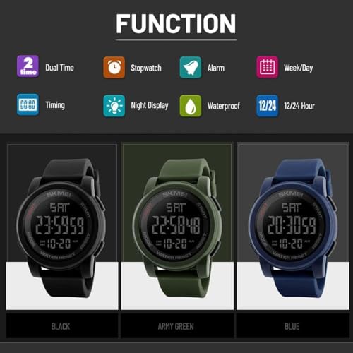 SKMEI 1257 Digital Men's Sports Watch Multifunction Dual Time Silicone Watch - Black