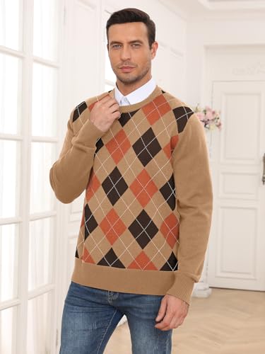RQP Men's Crewneck Sweater Slim Fit Argyle Pattern Long Sleeve Knit Pullover Sweater for Casual Or Dressy Wear