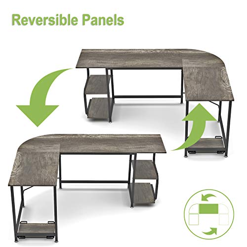Teraves Reversible L Shaped Desk with Shelves Round Corner Computer Desk Gaming Table Workstation for Home Office