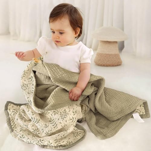Image of lulumoon Muslin Baby Blanket Neutral: Cotton Toddler Blanket for Daycare | Soft Reversible Crib Bedding for Baby - Lightweight 4-Layer Muslin for Stroller, Tummy Time & Travel, 47 inchx47 inch(Oive Branches)