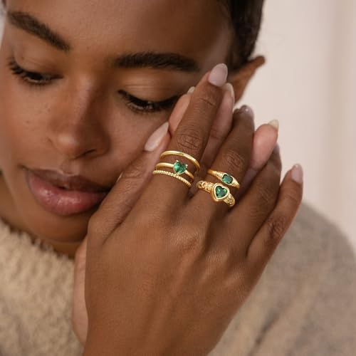 Kyerlyn Stackable Gold Rings for Women Non Tarnish Emerald Heart Chunky 14K Gold Plated Stacking Ring Set Statement Promise Wedding Bands Engagementfor Gifts Jewelry Size 6 7 8 9 103