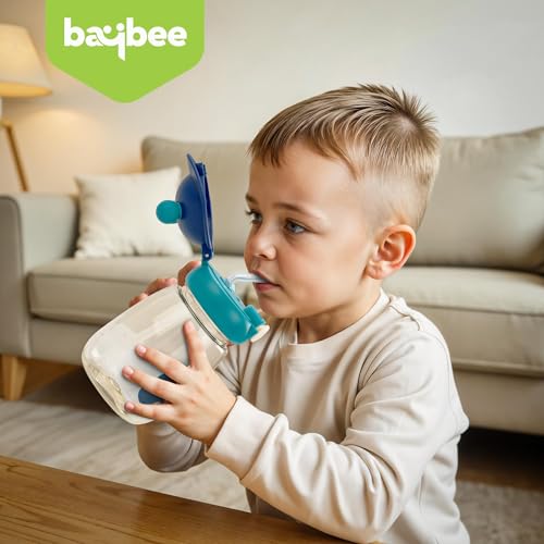 Image of BAYBEE SnowSip Baby Sipper Bottle with Straw for Kids | Spill Proof & BPA Free Safe Sipper 540ml | Cute Cartoon Design Smooth Sipping & Adjustable Strap | Drinking Water Bottle for School Kids (Blue)