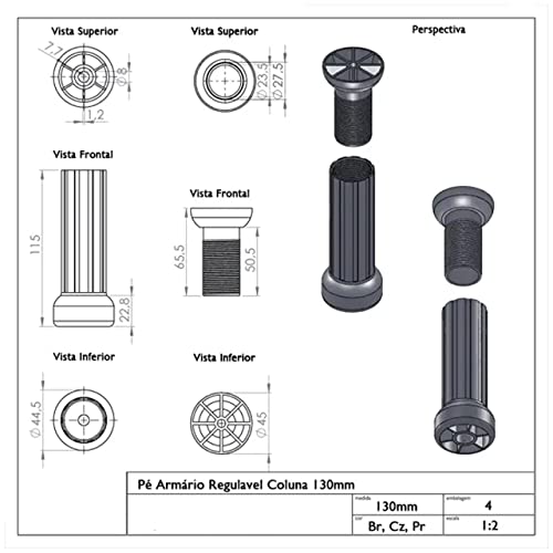 4 Pés Regulável Para Armário Cozinha 13cm a 17cm Com Parafuso Branco