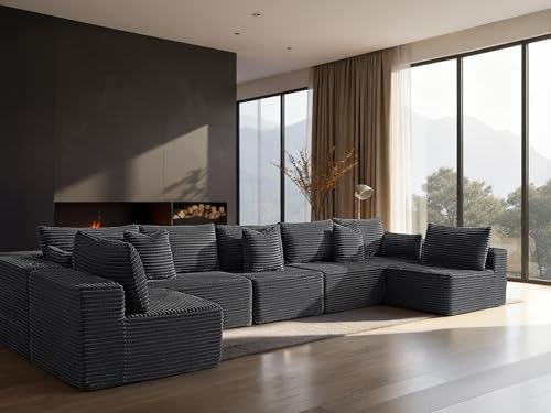 Image of 168 inch Cloud Sectional Couch, Comfort U Shaped Sofa for Living Room, Extra Deep Seats No Assembly, Minimalist Modular Couch, Corduroy (Dark Grey, 7 Seats,U-Shape B)
