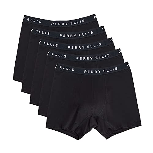 Perry Ellis Mens Cotton Stretch Boxer Briefs, Tagless, No Roll Waistband, 5 Pack Base Layer Underwear, Black, Medium US