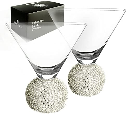 GEMEZZI Stemless Martini Glasses Set of 2, Silver Stemless Modern Cocktail Glass, Crystal Ball Base in Elegant Box, Perfect Bar Accessories for Margarita, Manhattan, Cosmos, Mixed Drinks, and Desserts
