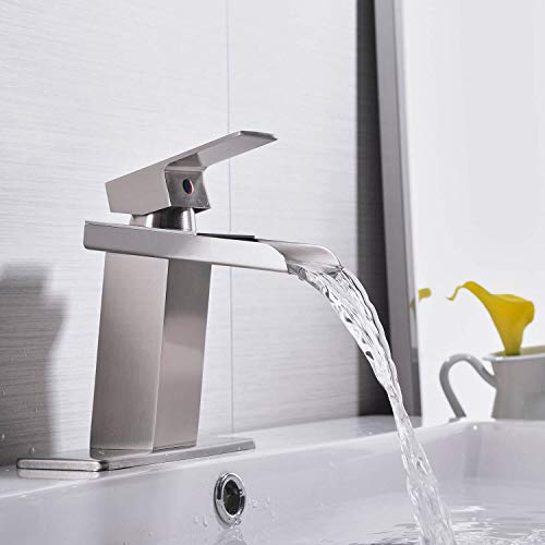 Homevacious Bathroom Faucet Brushed Nickel Waterfall Sink With Pop Up Drain Single Hole Vanity Satin Sink Lavatory One Handle Basin Mixer Tap With Overflow Supply Line
