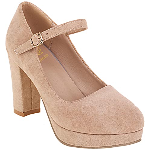 LEHOOR Women Chunky High Heel Mary Jane Shoes Platform Ankle Buckle Strap 3" Heel Round Toe Suede Pumps Wedding Bridal Dress Shoes Block Heel Closed Toe Sandals Ladies Girls Office Cute Fall 4-12 M US4
