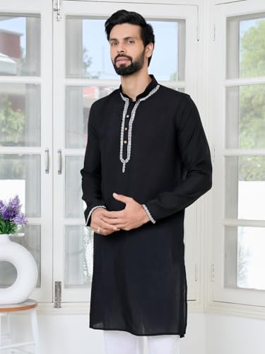 Image of See Designs Men's Full Sleeve Mandarin Collar Sequins Embroidered Chanderi Straight Long Kurta with Yoke Design - Festive Collection