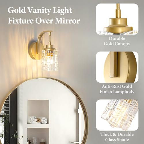 Image of Gold Bathroom Wall Sconce Light,1-Light Vintage Brass Sconces | Clear Glass Shade, Hardwired, E26 Base, Easy to Install, Wall Mount Lighting for Mirror Bedroom Hallway Kitchen
