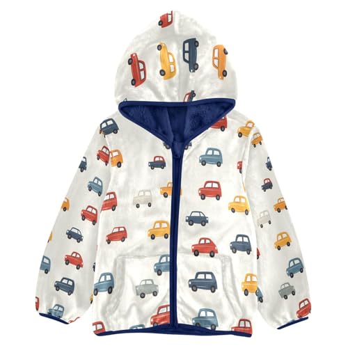 Colorful Cars Pattern Cute Toddler Fleece Jacket Girl Boys Hooded Fleece Jacket Coat Warm Outwear Zip-up 3-10T