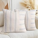 AELS 24x24 Decorative Farmhouse Linen Throw Pillow Covers, Boho Textured Pillow Case, Set of 2,Beige with White & Navy Blue Stripe Patchwork Cushion Cover for Sofa Couch Living Room(Cover ONLY)