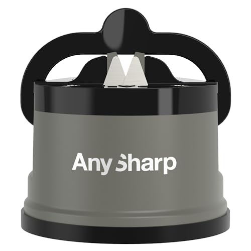 AnySharp Afilador de Cuchillos, Seguridad sin Manos, Ventosa, Afila con Seguridad Todos los Cuchillos de Cocina, Ideal para Acero Endurecido y Dentados, El Mejor del Mundo, Compacto, Gris