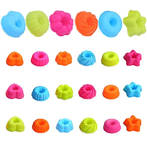 Dzsomt 24 Pièces Moulle Cupcakes Moule Donuts Moule à Donuts Silicone Moules à Pâtisserie Mini Anti-adhésifs Cuisson Moulessilicone Patisserie Moulle Mini Muffin Moules Réutilisables, 6 Formes Cover