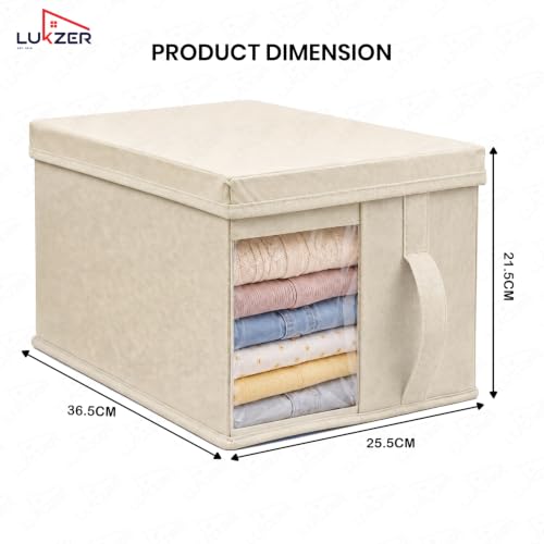 Image of Lukzer 1 PC Wardrobe Organizer for Clothes, 20L Foldable Non-Woven Fabric Storage Box with Lid, Clear Window & Front /Back Handles | Almirah Cupboard Organizer for Jeans, Sweaters & Sarees - Beige