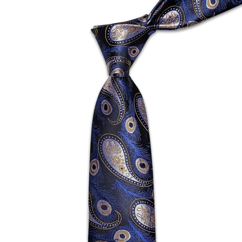 Paisley Ties for Men Silk Blue Tie and Pocket Square Cufflinks Set Formal Wedding Party