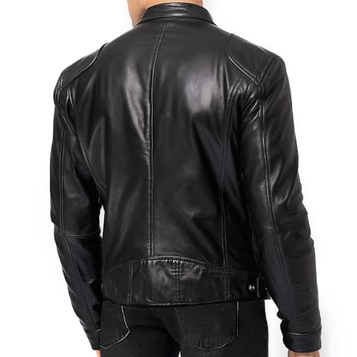 Image of Men's Real Leather Jacket Biker Motorcycle Cafe Racer Vintage Retro Bomber Winter Black Genuine Leather Jacket
