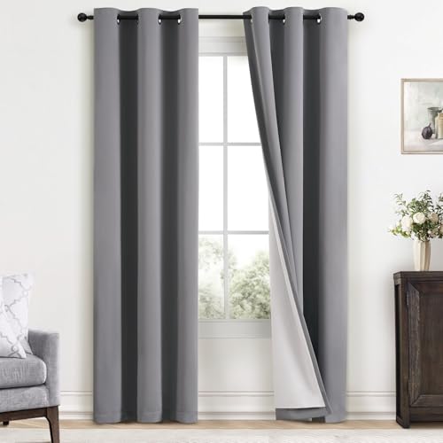 Yakamok Grey Room Darkening 100% Blackout Curtains Grommet Window Treatments with 2 Thick Layers-Gray Thermal Insulated Drapes Set of 2 Panels for Bedroom Living Room 38 Inches by 84 Inches Length