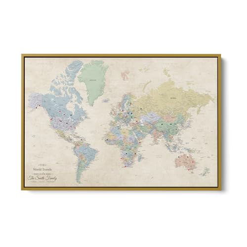 Image of Push Pin Travel Maps Sandy Dreams World Pin Board - Personalized Canvas Travel Map with Pins, Adventure Wall Art Decor for Tracking Trips - Gold Float Mount Frame - 30 inch x 45 inch