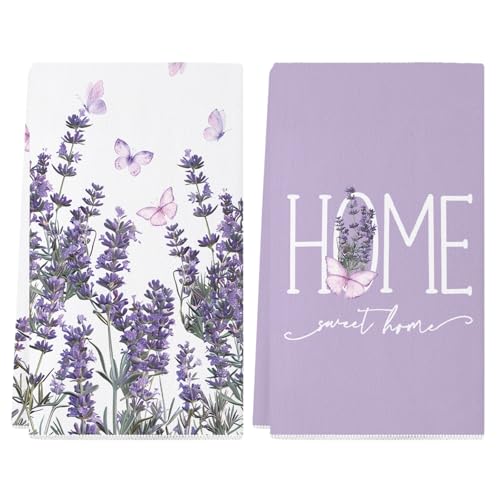 Siilues Spring Kitchen Towels Watercolor Purple LavenderButterfly Spring Dish Towels 18x26 Inch Sweet Home Seasonal Summer Home Party Decor Drying Dishcloth Kitchen Hand Towels Set of 2