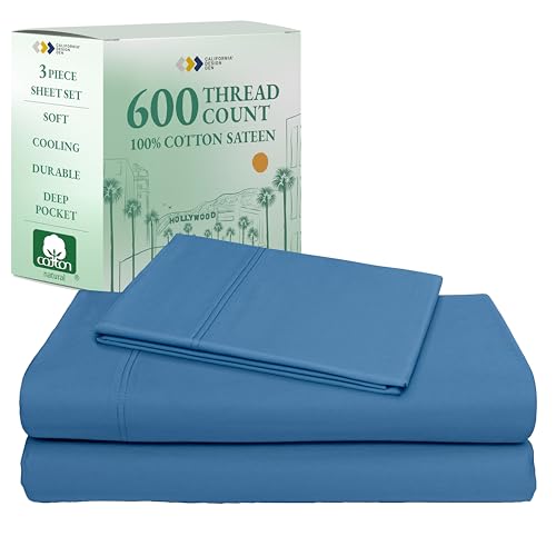 California Design Den Extra Long Twin Sheets Set - Luxury 600 Thread Count Sateen, Natural 100% Cotton XL Twin Sheet Set, Fully Elasticized Deep Pockets, Durable Bedding for Dorm Room - Parisian Blue