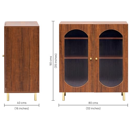 Image of Rocco Stellar Bookshelf with Auto LED Lights & Acrylic Fluted Doors | Engineered Wood Bookcase | Adjustable Shelves, Scratch-Resistant | Living Room, Library & Office (Teak Brown, Medium Size)