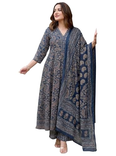 Image of ANNI Designer Women Printed Anarkali Kurta Palazzo Dupatta Set | Viscose Blend Ethnic Outfit | Flared Kurti with Bottom Wear