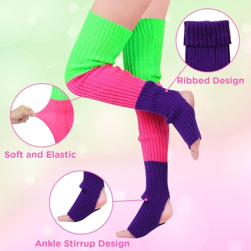 Littleforbig Thigh High Bright Color Blocked Novelty Knit Stacked Extra Long Over The Knee Knitted Stirrup Stockings - Green & Red & Purple2