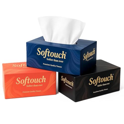 Softouch 2 Ply Facial Tissue Box | 600 Pulls | 200 Pulls X 3 Cartons | Soft And Highly Absorbent | 100% Natural Virgin Cellulose Fiber