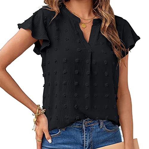 T-shirt femme col V en coton brodé haut à manches courtes élégant pour l'été