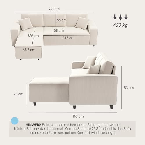 HOMCOM Ecksofa 3-Sitzer Sofa in L-Form Eckcouch mit Umkehrbarer Chaiselongue 2 Kissen Federpolster, Polsterecke aus Cordstoff Wohnlandschaft für Wohnzimmer Schlafzimmer 241x153x83 cm Cremeweiß – Bild 4
