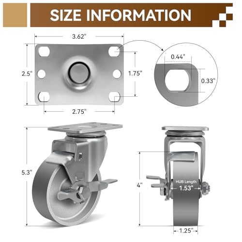 ASOMWLS 4'' Casters, Semi Steel Cast Iron Caster Wheels Heavy Duty Industrial Casters Set of 4 with Load 1600lbs, Swivel Metal Caster Wheels for Cart (2 Brake & 2 Rigid) by ASOMWLS - Image 2