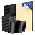 FONESO Acoustic Panels, High Density Soundproof Foam Panels, Fire Resistant Sound Absorbing Acoustic Foam Panels for Studio Recording, Black 1"x12"x12" 12 Pack with Adhesive