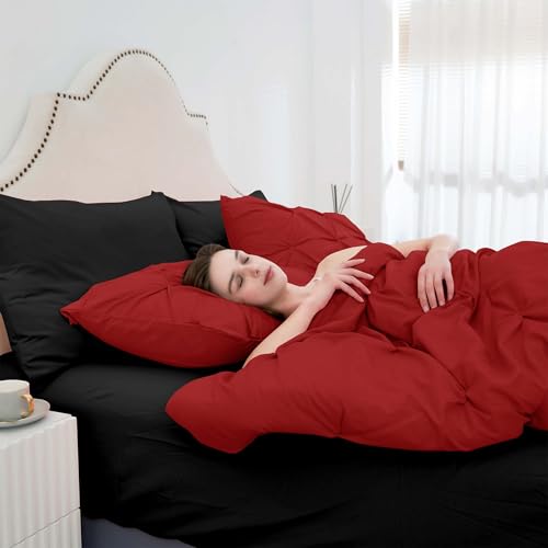 Ubauba 7pc Full Size Comforter Set with Sheets, Red and Black Pintuck 7 Pieces Bed in a Bag with Comforter, All Season Bedding Comforters & Sets (Red and Black,Full)