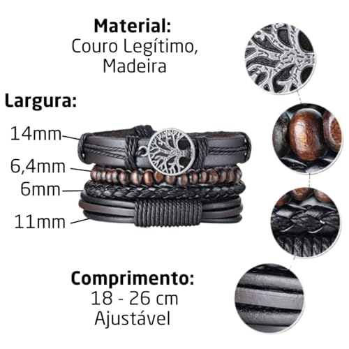 Kit 4 Pulseiras de Couro Ajustáveis - Modern Leather + Bolsa de Veludo