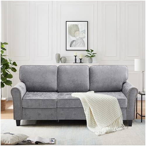 Listado de Sofa Cama Matrimonial que puedes comprar esta semana. 50 FABATO Sofa para Sala de 3 Plazas - Sillon de Lino con Marco y Patas de Madera - Relleno de Alta Resistencia y Brazos con Estilo y Ribetes de Remache (Gris)
