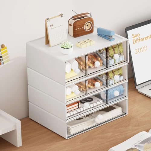 Storystore Desk Organizer with 9 Drawers 4 Tier Plastic stackable Storage Drawers Desk Organiser Drawers Stationery Storage Box for School Office Home Makeup Desk Supplies (White)