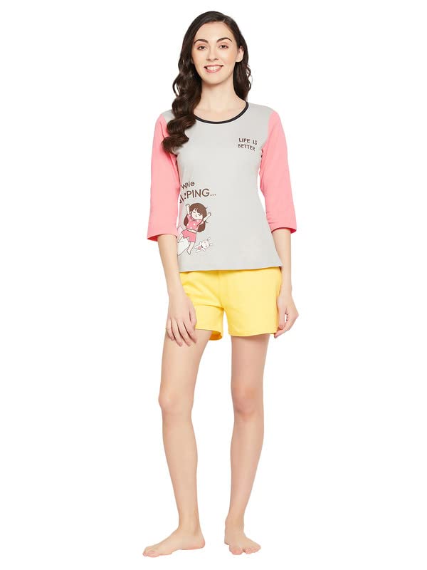 Image of Clovia Women's Cotton Print Top & Chic Basic Shorts Set (LS0661P01 Grey L)