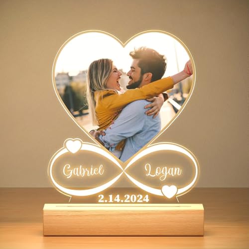 Image of SNAPTRAP Personalized Heart Infinity LED Photo Lamp with Wooden Base | Warm White Light | Customized Photo with Name Gift for Couples, Wife, Husband | Anniversary, Wedding & Valentine Gift