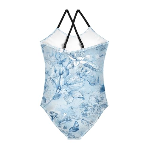 susiyo Blue and White Flowers Girls One Piece Swimsuits with Adjustable Straps Bathing Suits for 3-10 Years Old2