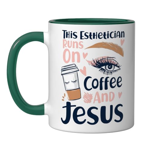 Esthetician Skincare Beautician Coffee Jesus Faith Christian Ceramic Mug, Dark Green/White, 11oz