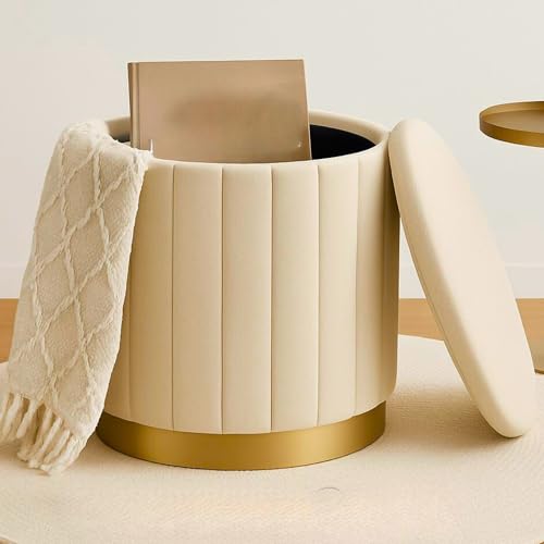 Image of Round Velvet Luxurious Storage Ottoman, Pouf with Storage Vanity Stool Chair,Upholstered Foot Rest Stool with Gold Strip Base for Living Room or Bedroom (Beige, Medium- 36Dx36Wx40H)