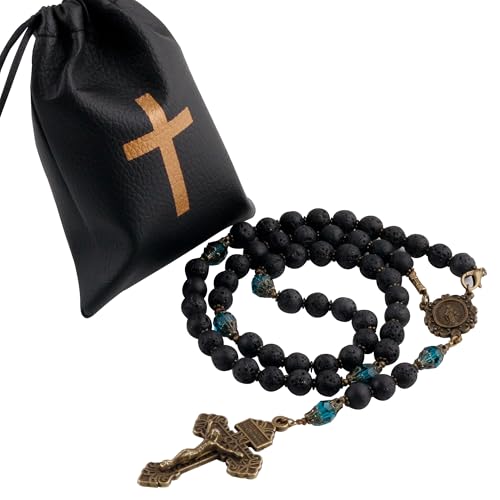 HanlinCC 8mm Lava Stone Beads Catholic Rosary Necklace with Virgin Mary Medal and Pardon Crucifix4