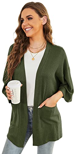 Women's Lightweight Cardigan Loose 3/4 Sleeve Cardigan Waffle Knit Batwing Open Front Cardigan Army Green XL