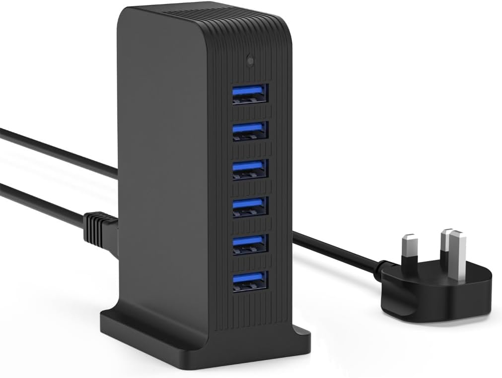 VHBW 6 Port USB Charging Station, 25W Multi-Device Charger, Fast and Safe Charging for iPhone, Samsung, and More (Black)