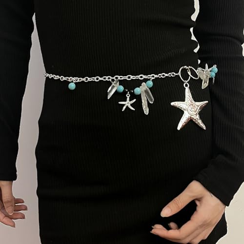 Generic Women Metal Belt Star Starfish Seashells Acrylic Beads Charms Marine Themed Waist Chain for Skinny Sweater Dress Pants Ladies Party Wedding Summer Beach, 115cm, silver4