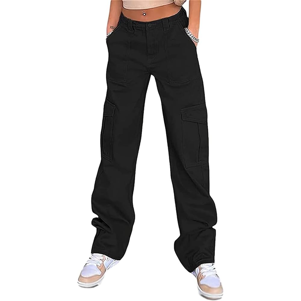 gepasPants High Waist For Women, Straight Leg With Pockets, Vintage Workwear Straight Pants, Casual Pants Streetwear (Black) (UAE/KSA, Alpha, M, Regular, Regular)