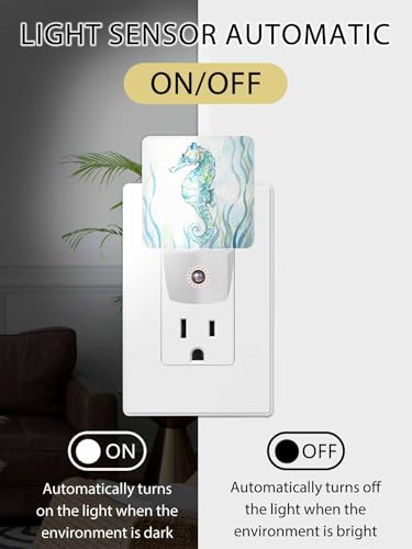 Image of Green Coastal Night Light Plug in LED Teal Coral Seahorse Ocean Marin Life Automatic Sensor Night Lamps Square Night-Light Plug into Wall for Bedroom Bathroom Kitchen Hallway Decor