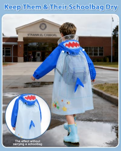 Image of ANYCHO Raincoat for Kids 3-7 Years with Wide Brim & Backpack Space, Knee-Length EVA Kids Raincoat for Boys with Safe Reflective Strips