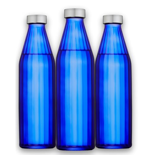 Image of SAND DUNE Navy BlueColour Glass water bottle, 800 ml Each, Set of 3, with Leak-Proof Airtight Stainless-Steel Lid for Water, Smoothie, Juices - Reusable Travel Glass Drinking Fridge Bottles